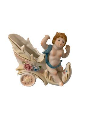 Antique Porcelain Cherub Baby In A Shoe Chariot Cart Figurine Whimsigoth